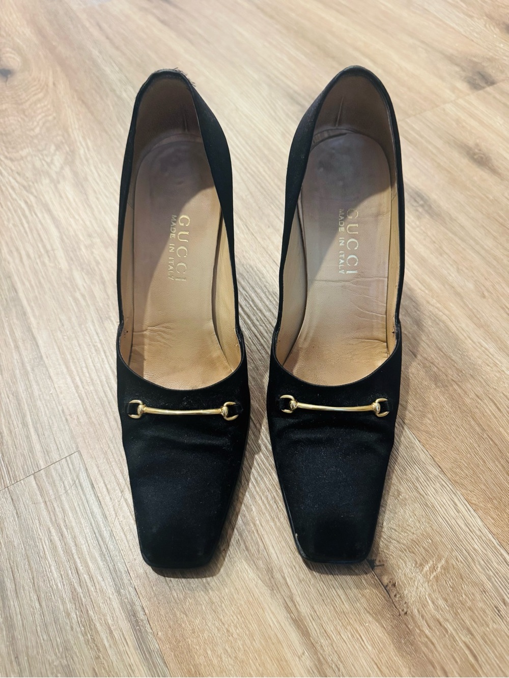 Gucci Black Satin Gold Horsebit Pumps